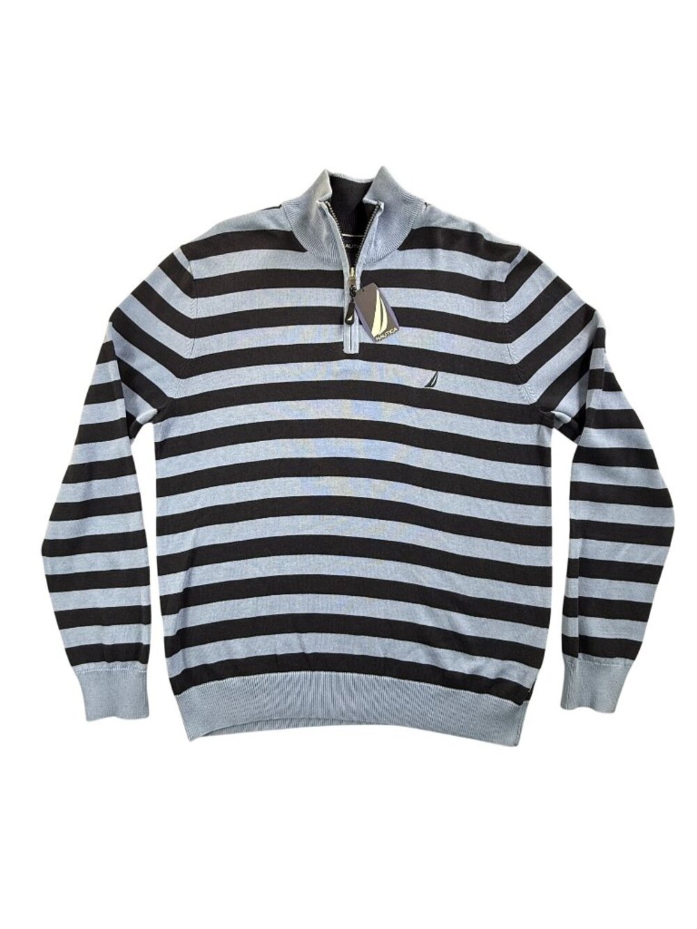 Nautica Sweater Mens Medium Blue Striped Mock Neck 1/4 Zip Cotton Knit Pullover